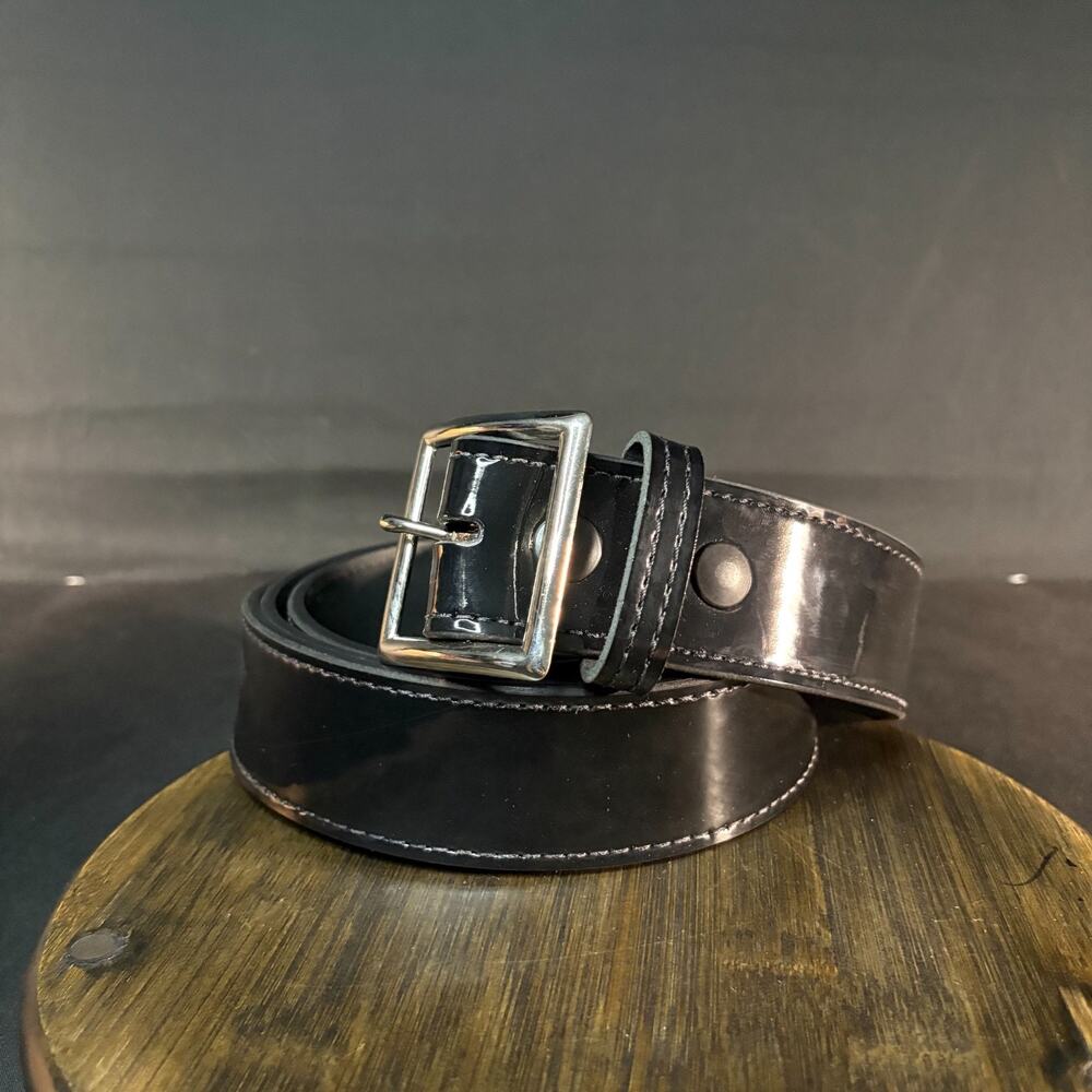 Galls Premium Thick Stitched Leather Uniform Belt Size 60" Hi-Gloss Black Nickel